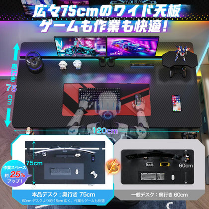 AERLIX ゲーミングデスク120cm｜奥行75cmで広々使える・モニターアーム